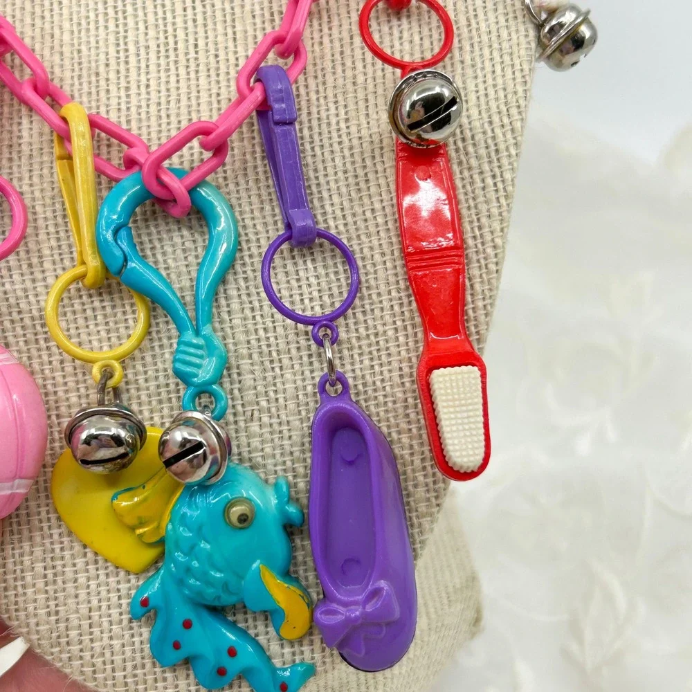 Vintage 80s Plastic Charms Clip and Bell Necklace Pink Chain Funky Colorful Toy - Picture 5 of 13